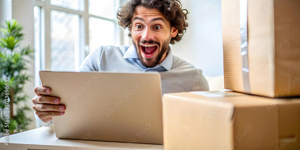 Excited Individual Unboxing Cyber Monday Deliveries - Candid Shot of Joyful Moments at Home with Close-Up Focus on Packages and Happy Expressions Excited Individual Unboxing Cyber Monday Deliveries - Candid Shot of Joyful Moments at Home with Close-Up Focus on Packages and Happy Expressions