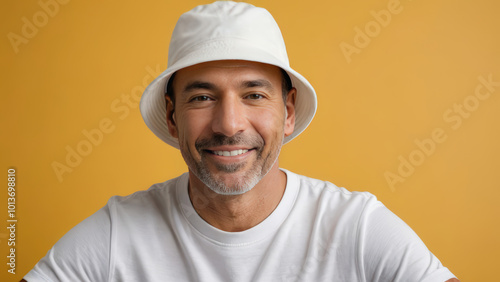 Man wearing white t-shirt and white bucket hat isolated on yellow background