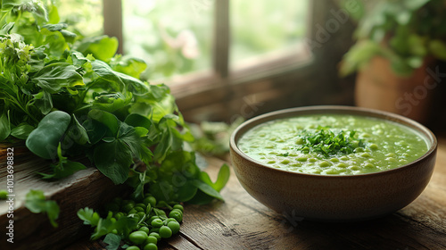 soup of green bean in a bowl at window in kitchen