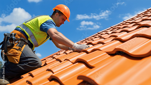 Man worker in gloves and helmet replacing orange roof tiles on rooftop. Skilled labor, construction, and home improvement project