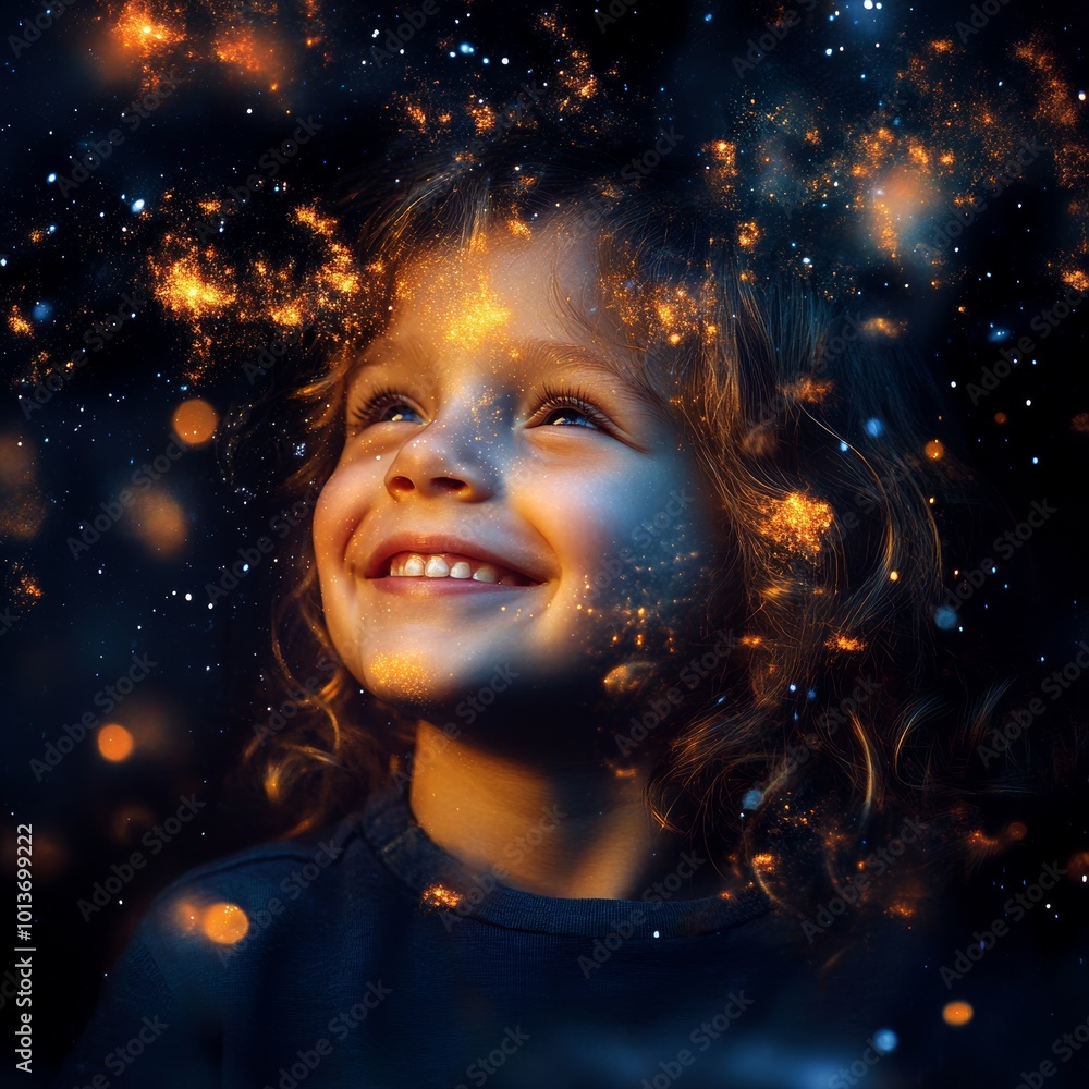 Portrait of a smiling child with a double exposure effect of a starry night sky, representing dreams and imagination Portrait of a smiling child with a double exposure effect of a starry night sky, representing dreams and imagination