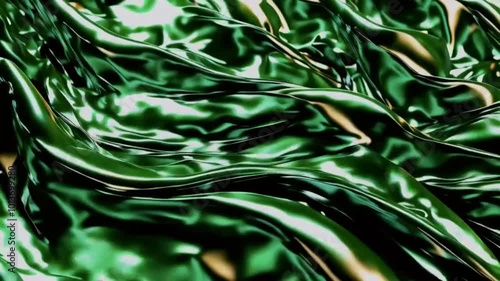 A single, soft light source, soft shadows and highlighting metallic sheen of the fabric. The green silky fabric flows slowly, smooth waves light moves, 4k High-Quality background Animation Video photo