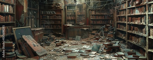 Crumbling library with dusty books and broken shelves, 4K hyperrealistic photo, photo