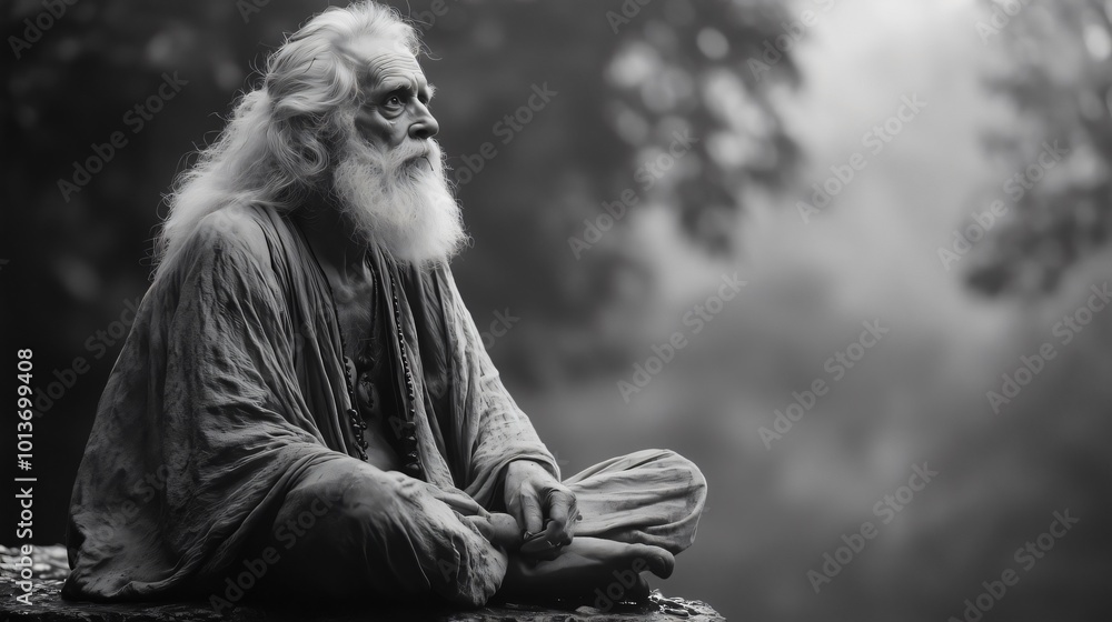Old man with long white beard meditating in nature wearing traditional clothes Old man with long white beard meditating in nature wearing traditional clothes