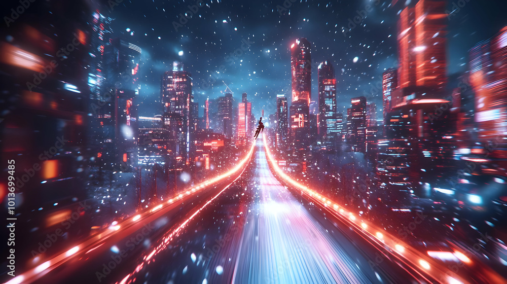 Fototapeta premium 3D Glowing Skier Jumping Over Radiant Neon Bridge in Futuristic Winter Cityscape - Energetic Winter Sports Scene for Event Promotion