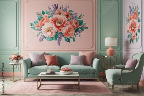 Stunning Floral Design in Vibrant Mint Coral and Lavender for Modern Home Decor photo