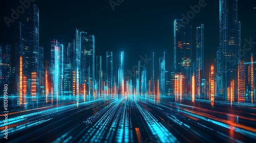 Fototapeta Naklejka Na Ścianę i Meble -  Digital technology metaverse with neon blue and green background, cyber information, abstract speed connect communication, and retro city future meta tech