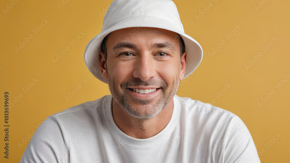 Man wearing white t-shirt and white bucket hat isolated on yellow background Man wearing white t-shirt and white bucket hat isolated on yellow background
