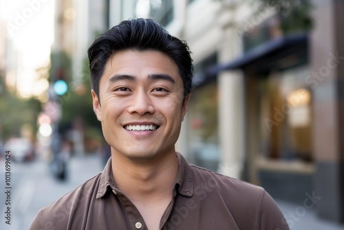 Young Asian man smiles confidently in brown shirt on city street. He stands on sidewalk looking into camera. Behind him, city buildings in warm sunlight cast long shadows. photo