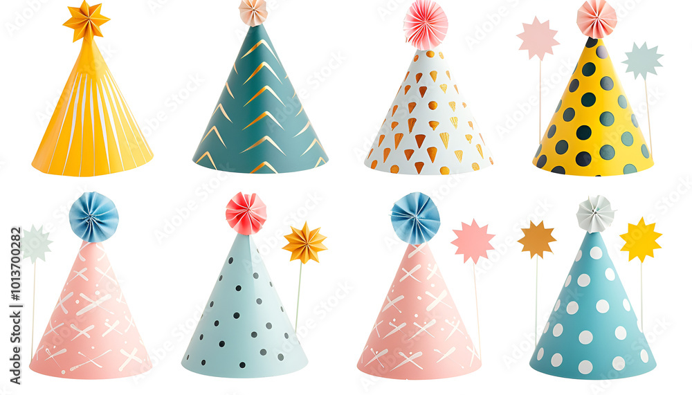 Colorful party hats isolated on white, set Colorful party hats isolated on white, set