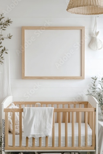 A nursery room showcases a wooden crib adorned with a blank frame on the wall, with soft sunlight filtering through.