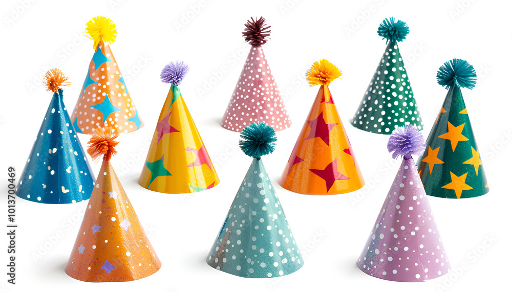 Colorful party hats isolated on white, set Colorful party hats isolated on white, set