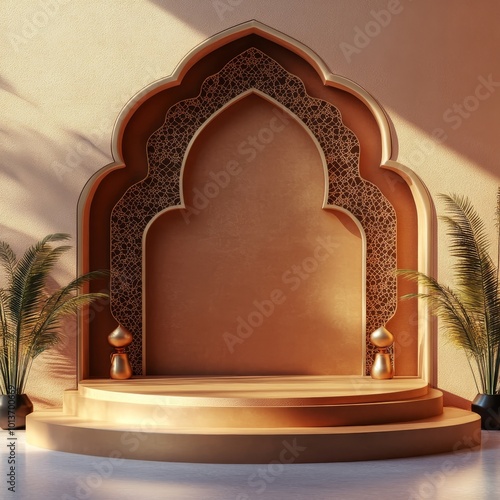 3d render of Ramadan Kareem background with golden podium and palm tree3d render of islamic podium for product display in oriental style3d render of golden podium with oriental ornament and palm leave photo