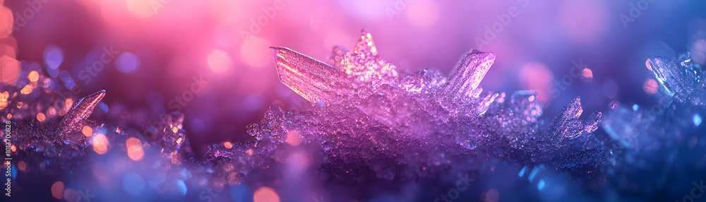Fototapeta premium Macro Shot of Glowing Ice Crystals on Metallic Surface: Futuristic Neon Aesthetics with Intricate Winter Patterns
