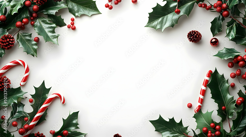 3D Holly Leaves and Candy Cane Border with Clear Copy Space for Holiday Promotions - Festive Frame for Winter Greetings on Isolated White Background 3D Holly Leaves and Candy Cane Border with Clear Copy Space for Holiday Promotions - Festive Frame for Winter Greetings on Isolated White Background