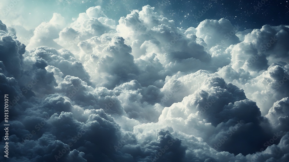 Naklejka premium Large cumulus white fantastic clouds delight the viewer with their beauty, size and tenderness
