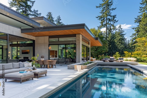 High-end modern home in Pacific Northwest with large windows  elegant pool area  and concrete patio on a sunny day.
