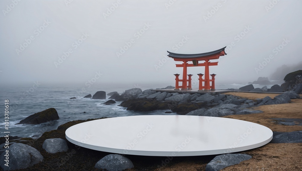 Foggy Coastal Landscape with Platform and Torii Gate Foggy Coastal Landscape with Platform and Torii Gate
