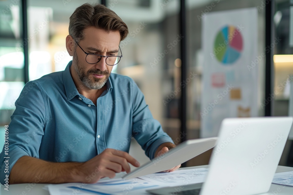 Fototapeta premium Man works in modern office setting. Businessman seated at desk in front of window with natural. Wears blue shirt, glasses, focused on laptop with graph on screen. Desk gray carpet, white walls.