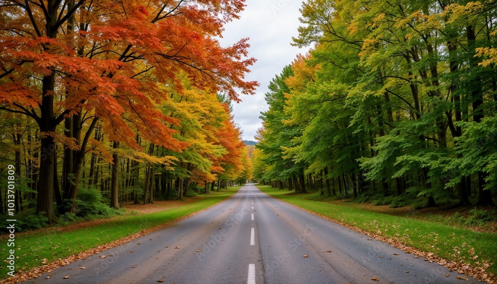 Fototapeta premium Road through autumn forest with vibrant red and green leaves.