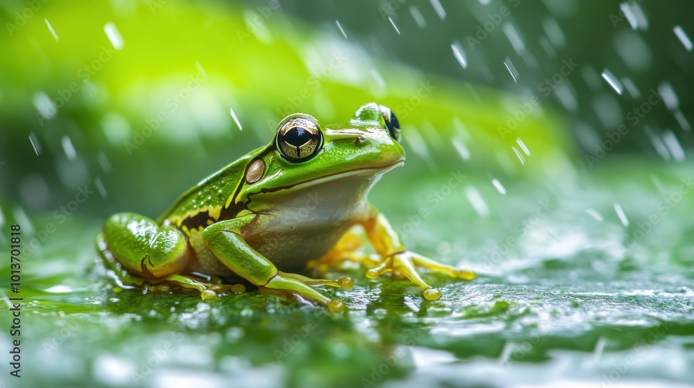 Green tree frog (Hyla arborea) in rain. Green tree frog (Hyla arborea) in rain.