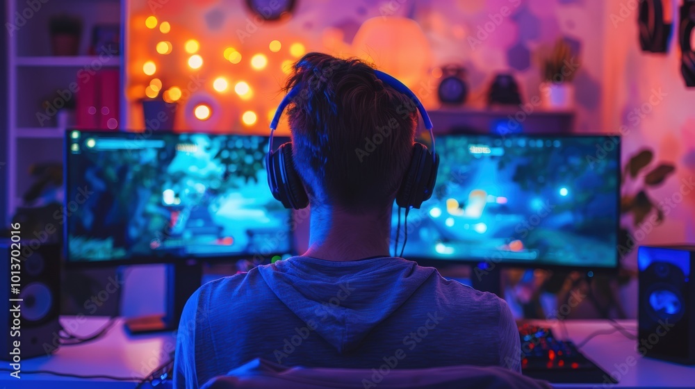 Back view of a young man gaming on a PC desktop computer with multiple monitor display screens on the table Back view of a young man gaming on a PC desktop computer with multiple monitor display screens on the table