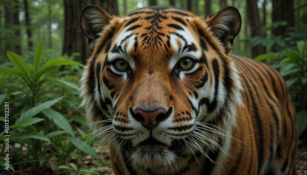 Close-up of Bengal tiger in lush forest staring intensely. Close-up of Bengal tiger in lush forest staring intensely.