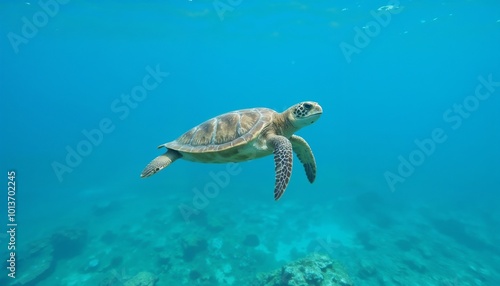 Sea turtle swimming underwater in clear blue ocean.