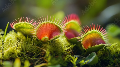 A close-up shot of three vibrant Venus flytrap plants with sharp teeth and bright red inner traps against a blurred green background.