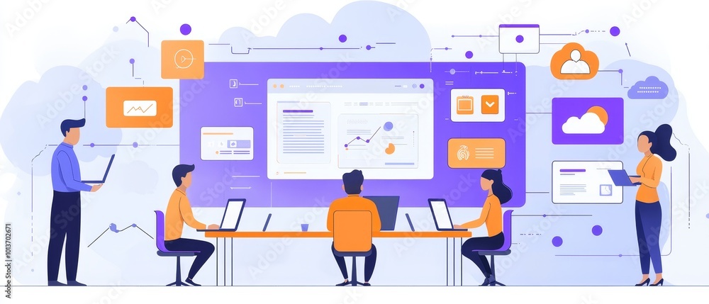 Creative Team Meeting for Project Planning in Modern Office Setting with Laptops and Documents - Flat Design Creative Team Meeting for Project Planning in Modern Office Setting with Laptops and Documents - Flat Design