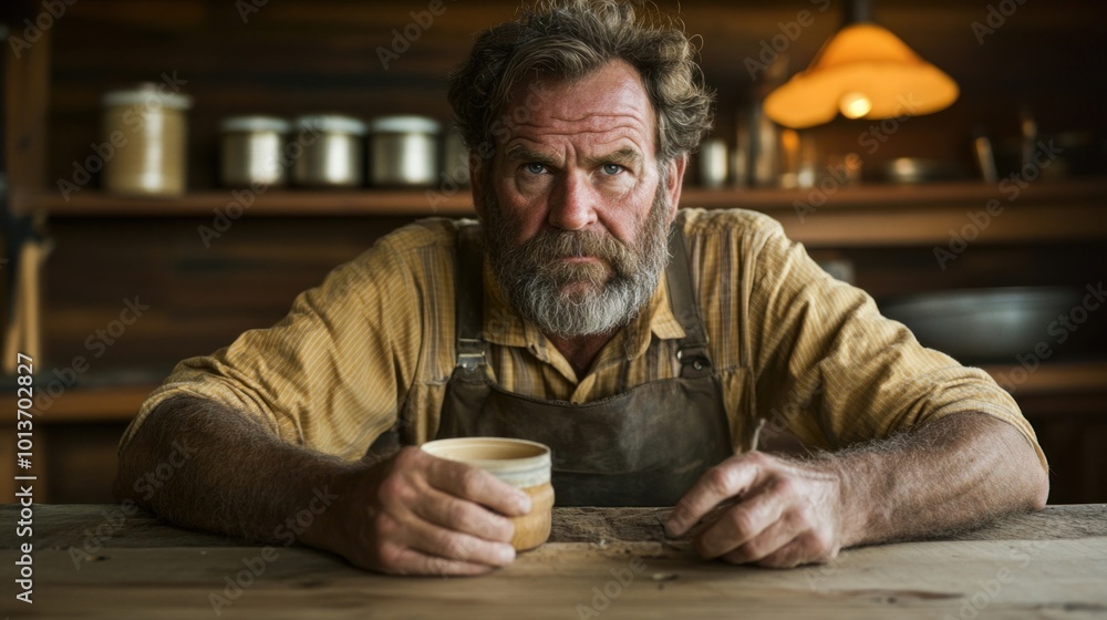 A craftsman with a thick beard sits at a wooden table, carefully shaping a piece of pottery. The warm, inviting light highlights his focused expression in the cozy workshop A craftsman with a thick beard sits at a wooden table, carefully shaping a piece of pottery. The warm, inviting light highlights his focused expression in the cozy workshop