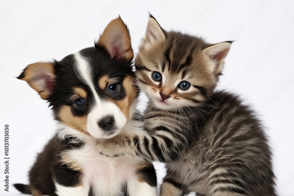 Adorable Puppy and Kitten Snuggling Together on White Background Adorable Puppy and Kitten Snuggling Together on White Background