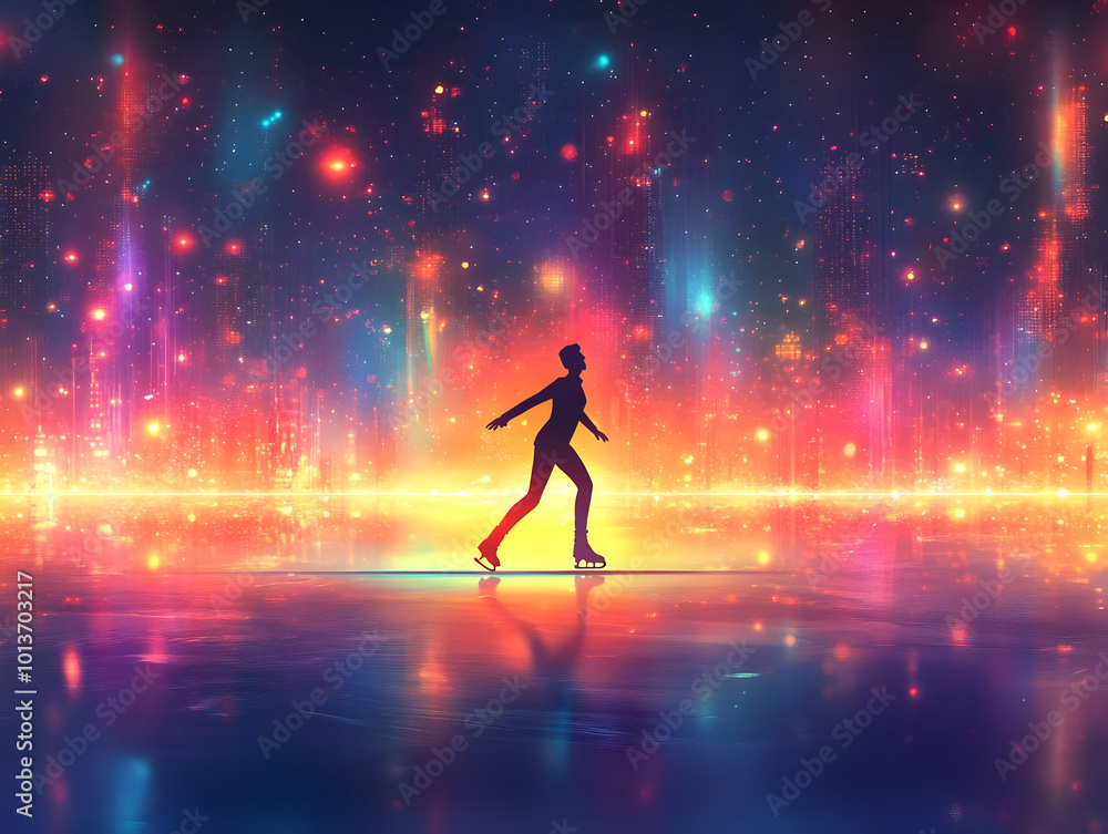 Flat Glowing Abstract Figure Ice Skating on Neon Frozen Lake - Vibrant Winter Activities Concept in Flat Vector Illustration Style Flat Glowing Abstract Figure Ice Skating on Neon Frozen Lake - Vibrant Winter Activities Concept in Flat Vector Illustration Style