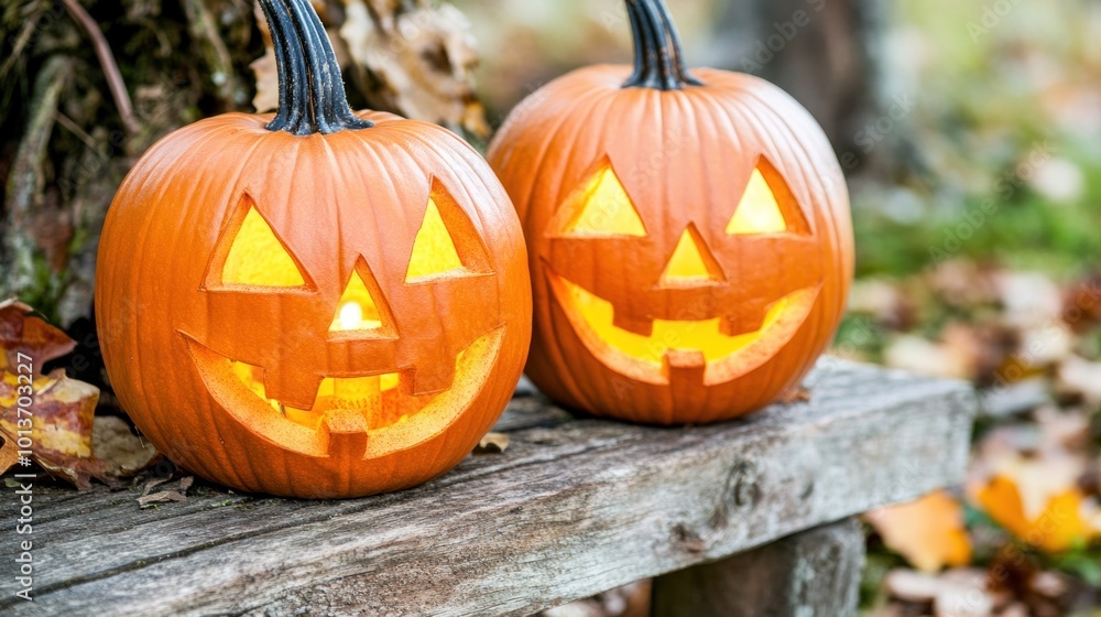 Two carved pumpkins emit a warm glow with friendly expressions as they sit on a rustic wooden bench, surrounded by colorful autumn leaves in a tranquil setting Two carved pumpkins emit a warm glow with friendly expressions as they sit on a rustic wooden bench, surrounded by colorful autumn leaves in a tranquil setting