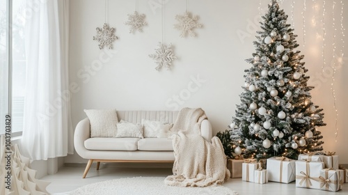 Cozy minimalist Christmas interior featuring silver decor and a beautifully adorned tree photo