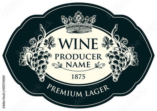 Vector wine labels with hand-drawn bunches of grapes, crowns and calligraphic inscriptions in retro style in oval frames