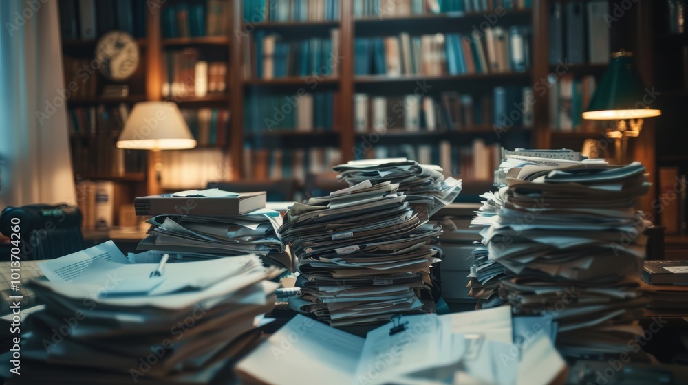Business office table or desk full of pile or stack of many papers Business office table or desk full of pile or stack of many papers