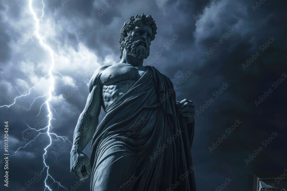 Zeus statue in Olympia illuminated by lightning during a dramatic thunderstorm Zeus statue in Olympia illuminated by lightning during a dramatic thunderstorm