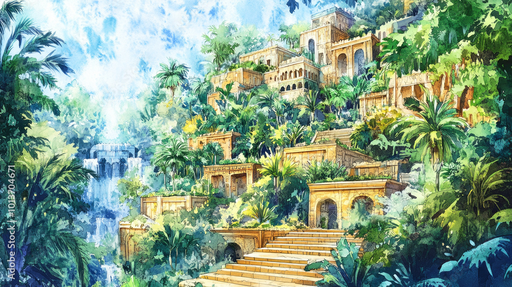 Fototapeta premium A vivid artistic rendering of the Hanging Gardens of Babylon surrounded by lush greenery