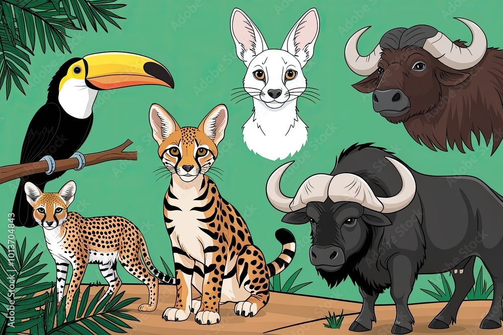Fototapeta premium Playful African Animals: Toucan, Galago, Serval, Cape Buffalo, and Puff Adder for Children�s Coloring Book Pages