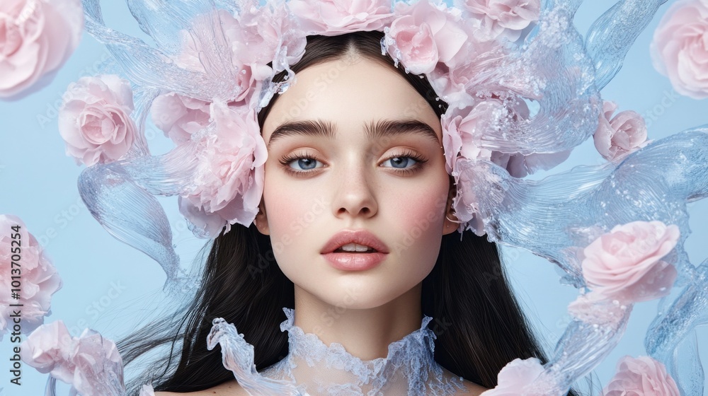 A young model showcases a stunning floral headpiece adorned with soft pink roses and flowing blue ribbons, perfectly blending artistry with elegance in a pastel setting A young model showcases a stunning floral headpiece adorned with soft pink roses and flowing blue ribbons, perfectly blending artistry with elegance in a pastel setting