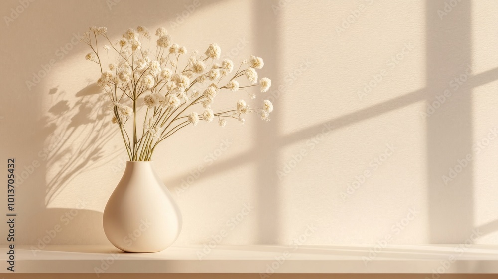 White flowers elegantly arranged in a minimalist vase create a calming atmosphere as sunlight filters through the window, casting soft shadows on the wall White flowers elegantly arranged in a minimalist vase create a calming atmosphere as sunlight filters through the window, casting soft shadows on the wall