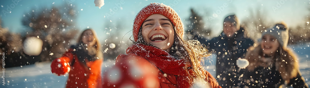 Joyful Winter Fun: Candid Group of Friends Engaged in Playful Snowball Fight Captured in Dynamic Snowy Field Scene - Perfect for Seasonal Activities Joyful Winter Fun: Candid Group of Friends Engaged in Playful Snowball Fight Captured in Dynamic Snowy Field Scene - Perfect for Seasonal Activities