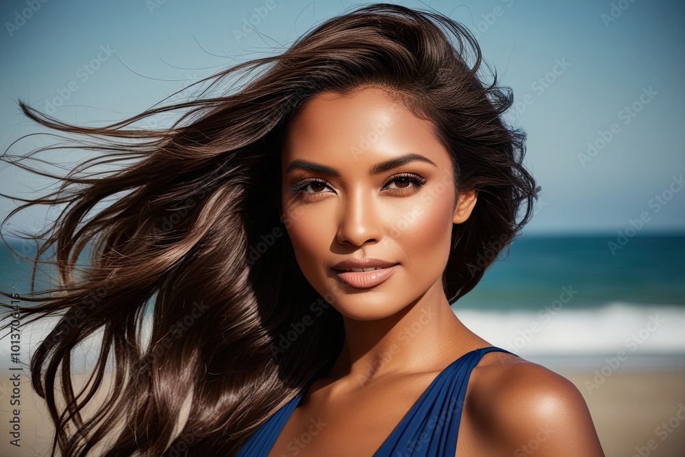 Stunning Portrait of a Beautiful Brunette Woman with Long Hair Against a Breezy Background Stunning Portrait of a Beautiful Brunette Woman with Long Hair Against a Breezy Background