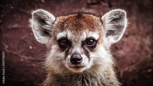 A close-up portrait of a curious ring-tailed lemur with large, dark eyes, looking directly at the camera. photo