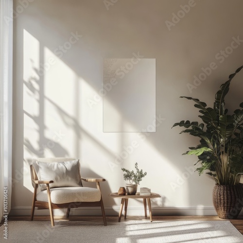 Sunlight streams into a corner with a wooden vintage chair, botanicals, and art prints, creating a serene and inviting atmosphere.