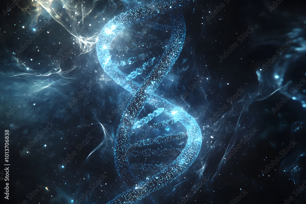 A blue DNA double helix floats in space, glowing with light particles and star designs. The dark black background creates an atmosphere of mystery and wonder in the design A blue DNA double helix floats in space, glowing with light particles and star designs. The dark black background creates an atmosphere of mystery and wonder in the design