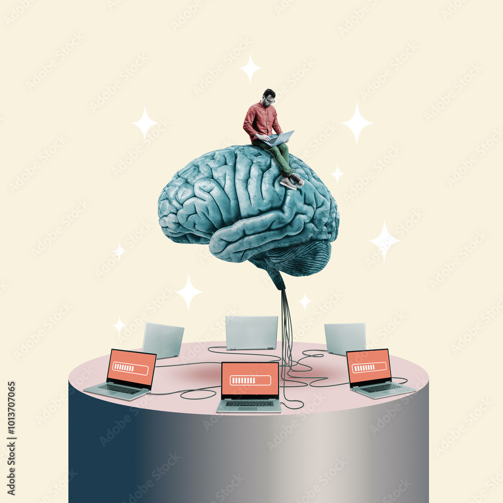 © svetazi - The programmer sits on a big brain connected to laptops. Art collage.