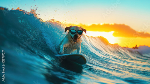 Labrador retriever catches a wave while surfing at sunset with stylish sunglasses on photo