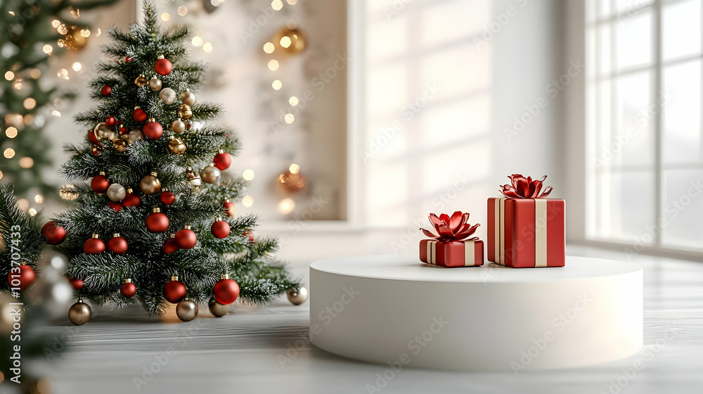 3D Christmas Tree and Present Podium with Clear Copy Space for Holiday Ads - Perfect Ecommerce Campaign Visual 3D Christmas Tree and Present Podium with Clear Copy Space for Holiday Ads - Perfect Ecommerce Campaign Visual